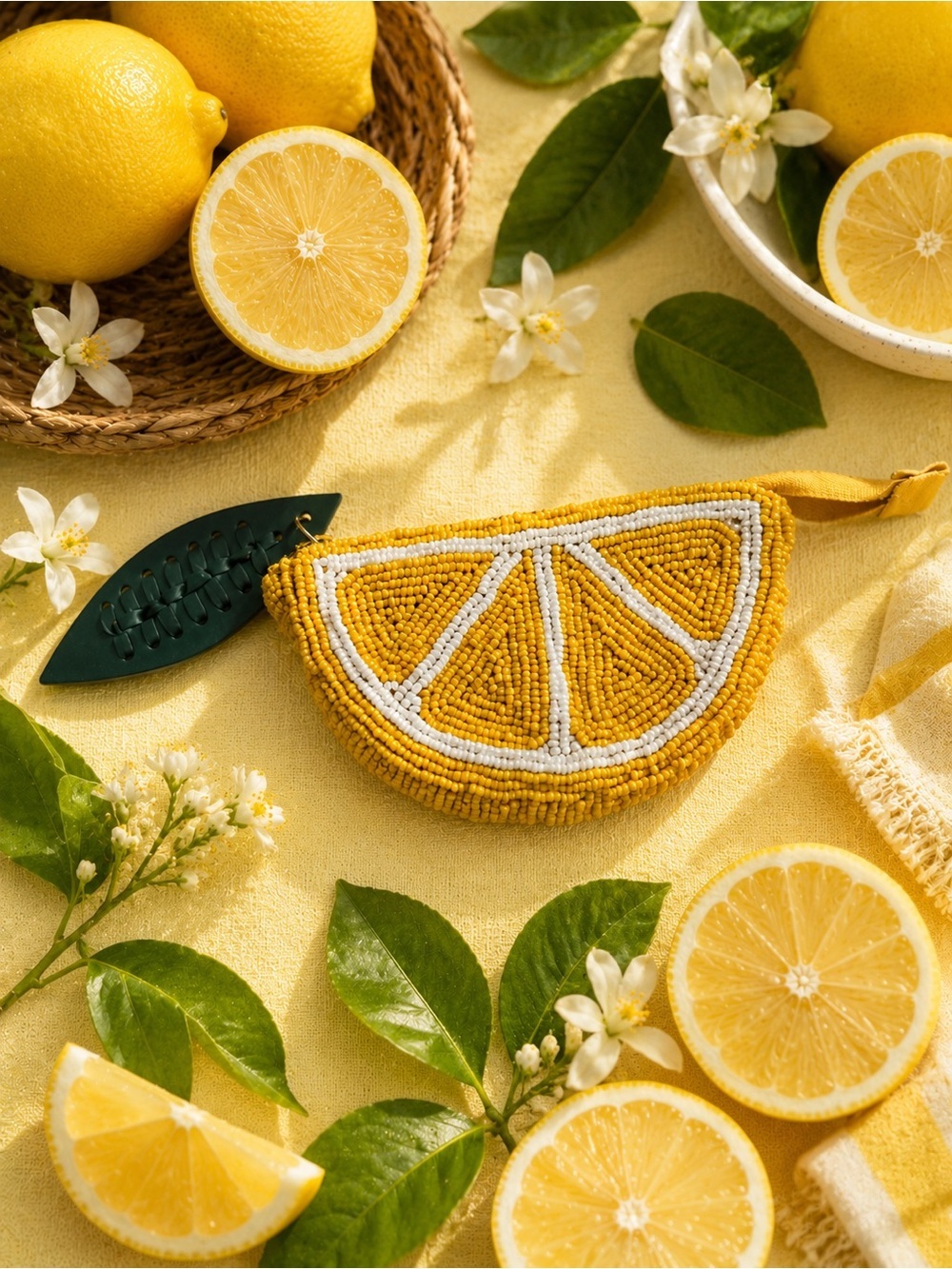 🍋 Handmade Beaded Lemon Slice Coin Purse | Citrus Zipper Pouch | NWT 🍋